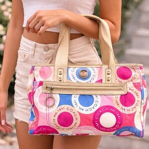 Coach Pink Blue Cream Logo Print Tote